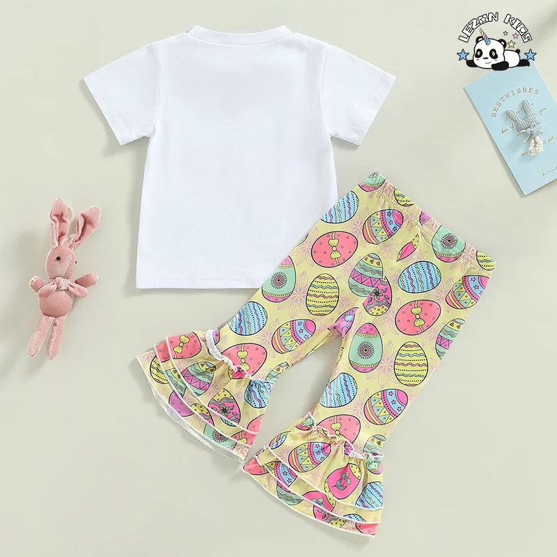 LEZONKIDS - Novo Conjunto de 2 Peças para Meninas com Camiseta de Manga Curta e Calças Flared com Estampa de Ovo para Crianças Roupas de Páscoa